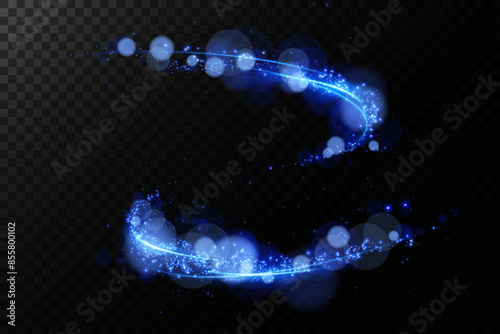 Abstract light lines of motion and speed with blue sparkle color. Light everyday glowing effect. semicircular wave, curve light track swirl, car headlights, incandescent optical fiber.	