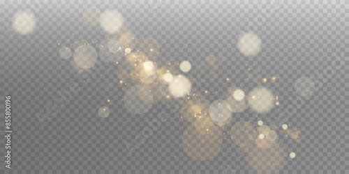 A luminous bokeh that gently shimmers with golden light. Light abstract glowing lights. Glowing bokeh effect isolated on dark background. Christmas background made of glowing dust.	