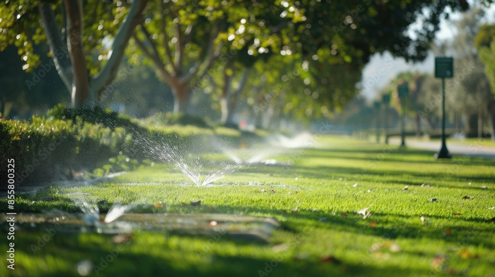 Public park with signs promoting water-saving practices like timed sprinklers. Public park with signs promoting water-saving practices like timed sprinklers.