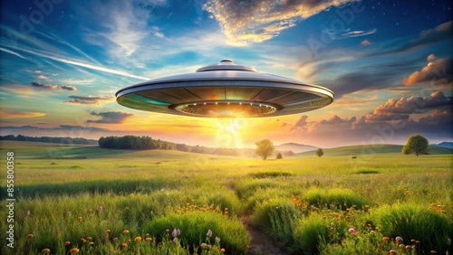 Alien spaceship landed in a vibrant meadow, spaceship, alien, UFO, extraterrestrial, unknown, unidentified
