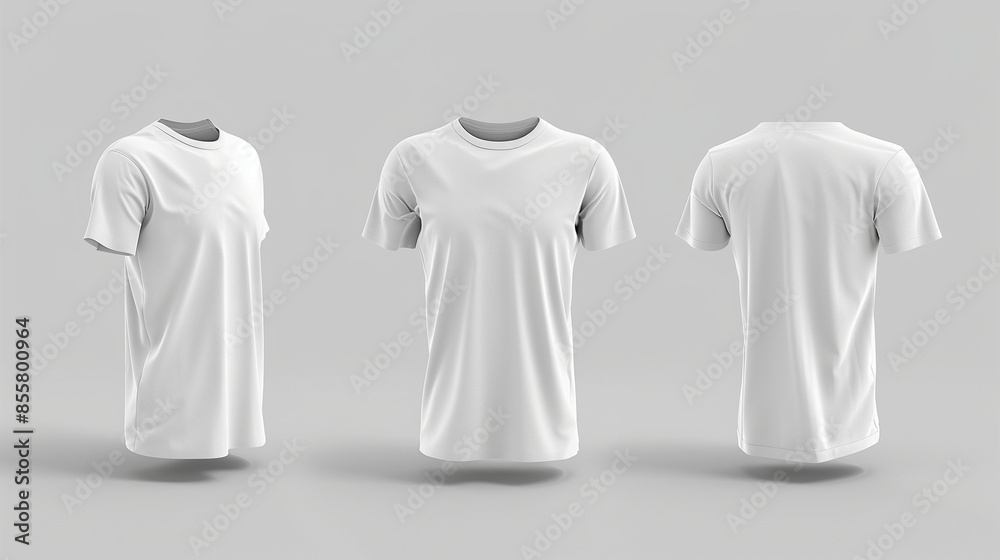White t-shirt mockup shown from different perspectives. Neutral grey background. Garment fit and style template advertising image. Apparel presentation mock up product photorealistic
