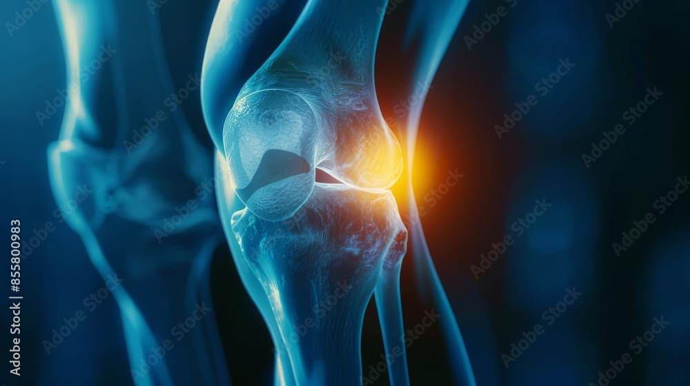 A stylized representation of a knee X-ray highlighting injury, A stylized representation of a knee X-ray highlighting injury,