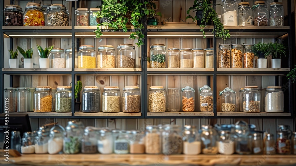 Stylish zero-waste store where customers buy products in bulk using their own containers, eliminating packaging waste. Stylish zero-waste store where customers buy products in bulk using their own containers, eliminating packaging waste.