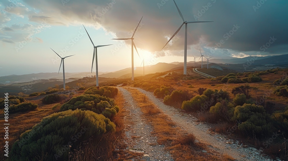Wind farm with turbines turning in the wind, representing the shift towards wind energy as a clean and sustainable power source. Wind farm with turbines turning in the wind, representing the shift towards wind energy as a clean and sustainable power source.