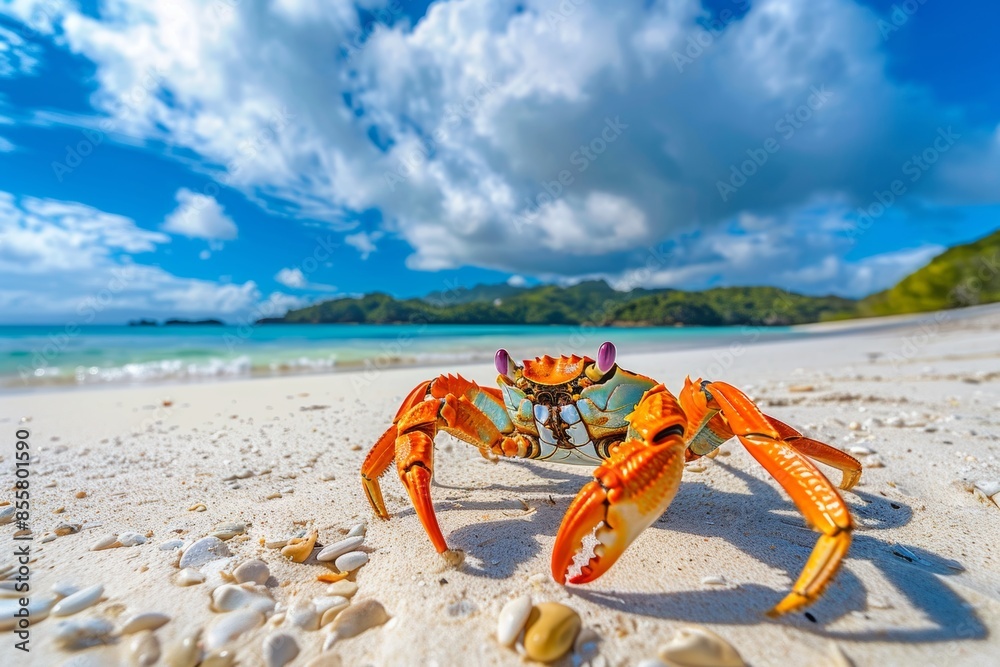 Colorful crab on a sunny tropical beach with clear blue sky Colorful crab on a sunny tropical beach with clear blue sky