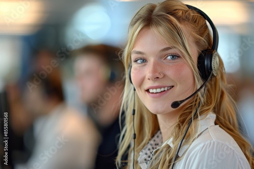Young confident woman with headset in her face