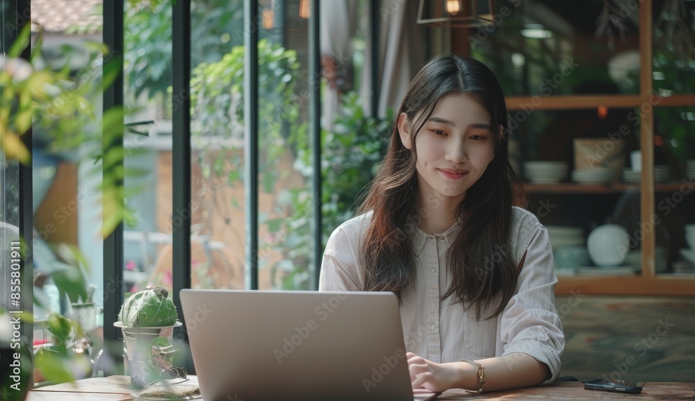 Young Asian girl using a laptop at a coffee shop Young Asian girl using a laptop at a coffee shop