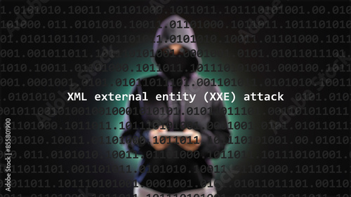 Cyber attack xml external entity XXE attack text in foreground screen, anonymous hacker hidden with hoodie in the blurred background. Vulnerability text in binary system code on editor program. photo