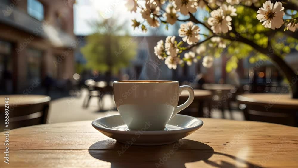 A cup of warm coffee on a table in a streetside cafe in Paris, seamless looping 4k video animation background