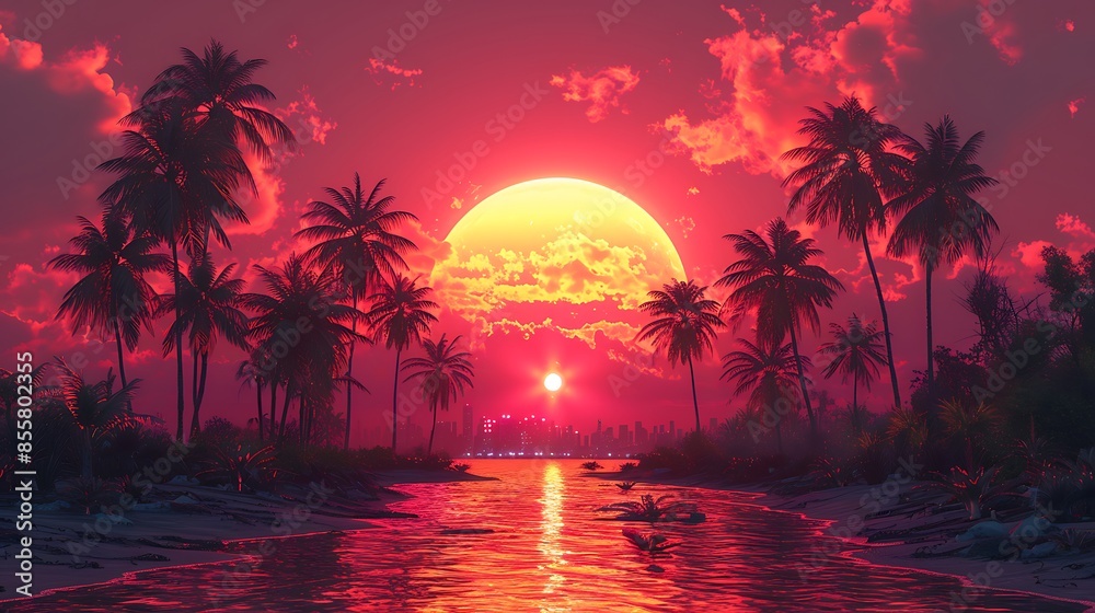 An artistic depiction in retro wave art style with sunset colors for a nostalgic feel. The gradient of oranges, pinks, and purples is enhanced by a neon grid and silhouetted palm trees An artistic depiction in retro wave art style with sunset colors for a nostalgic feel. The gradient of oranges, pinks, and purples is enhanced by a neon grid and silhouetted palm trees