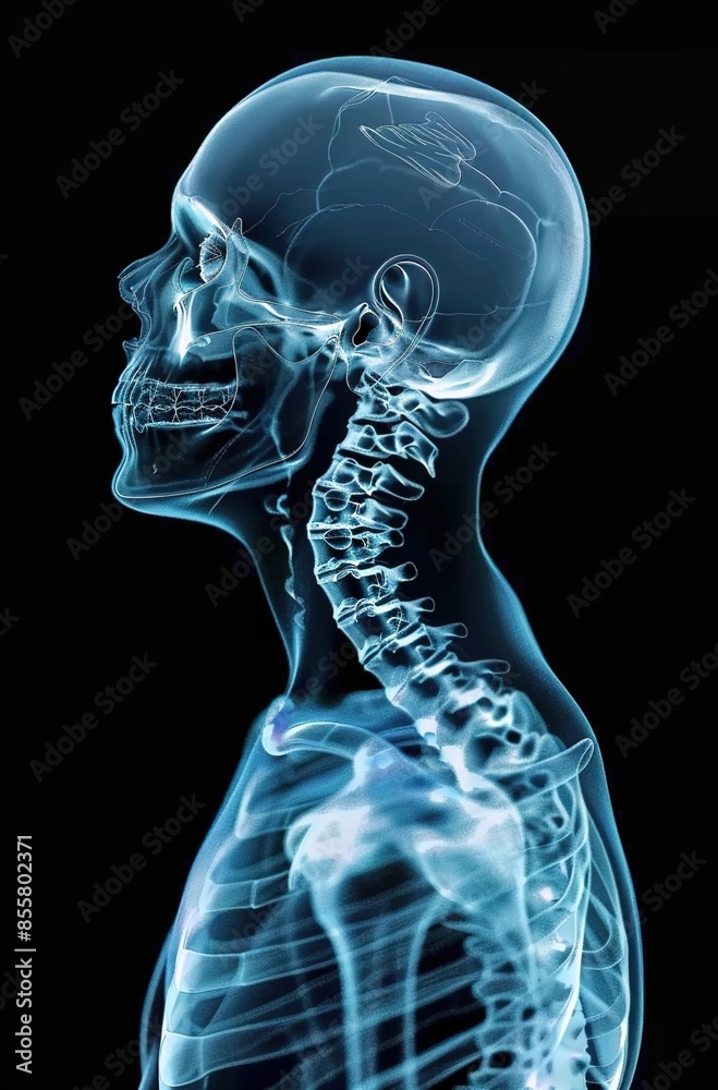 Xray of the human body, with visible bones and spine in blue color on black background. 