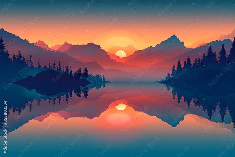 Obraz premium A majestic mountain range at sunrise, shades of blue and orange blending seamlessly, serene lake reflecting the scene, crisp shapes and smooth gradients