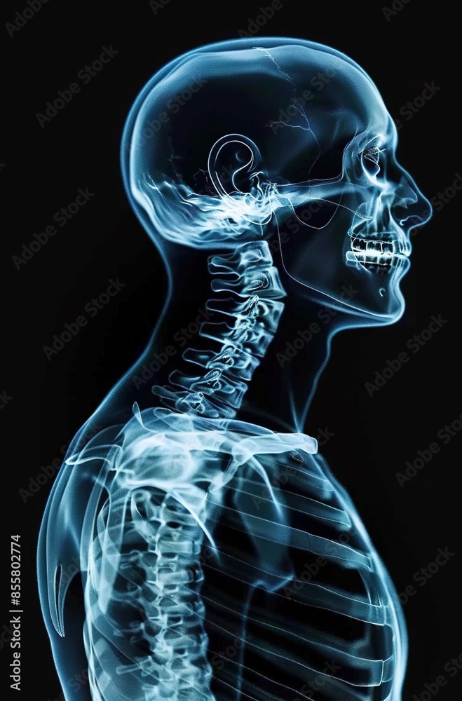 Xray of the human body, with visible bones and spine in blue color on black background. Xray of the human body, with visible bones and spine in blue color on black background.