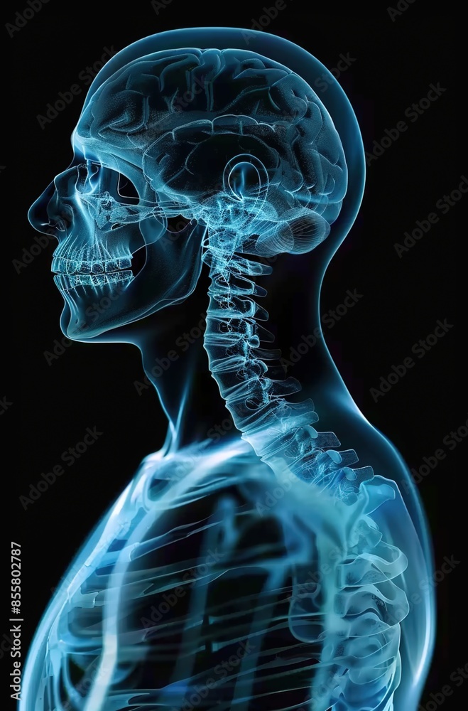 Xray of the human body, with visible bones and spine in blue color on black background. Xray of the human body, with visible bones and spine in blue color on black background.