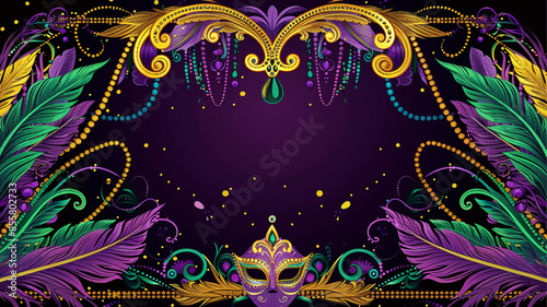 a border for a mardi gras event, feathers, masks, beads