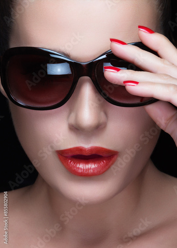 Close-up of glamorous woman wearing sunglasses and red lipstick