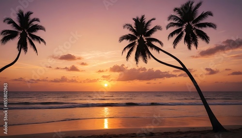 Palm Trees Silhouette at Sunset on Tropical Beach