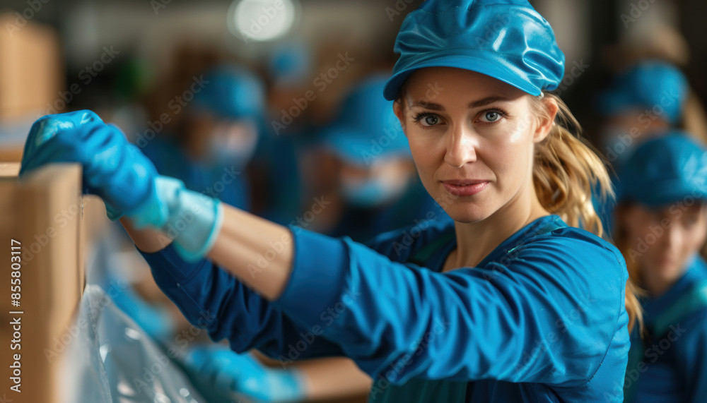 A woman wearing a blue hat and blue gloves is standing in front of a box