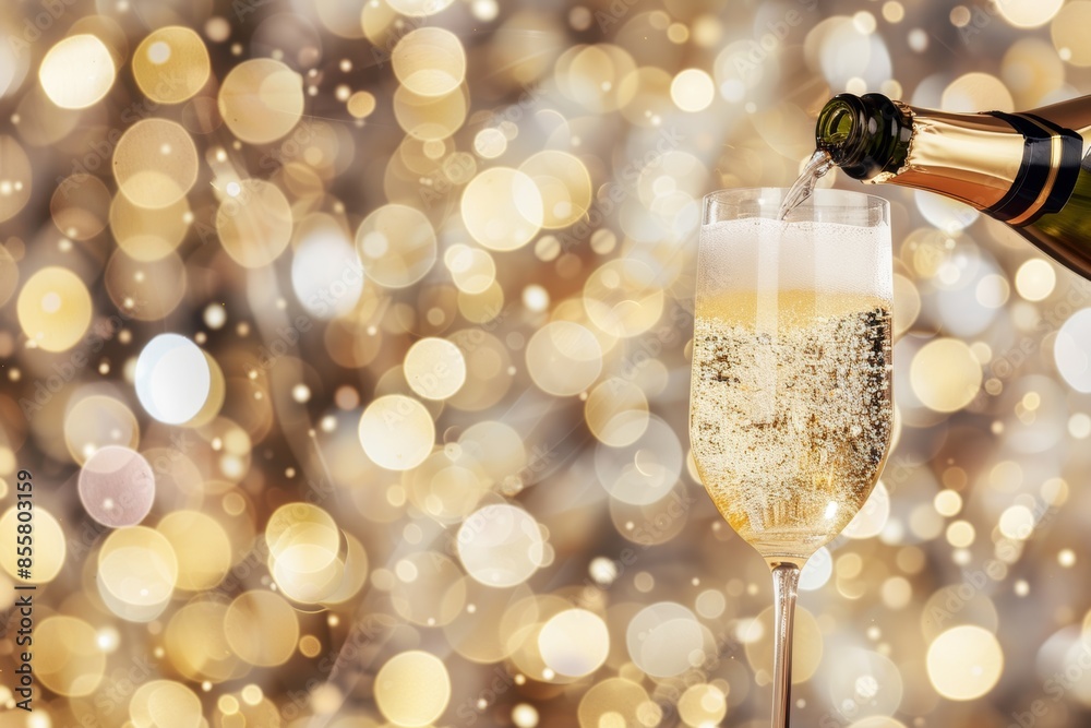 Sparkling champagne pour with festive bokeh background Sparkling champagne pour with festive bokeh background