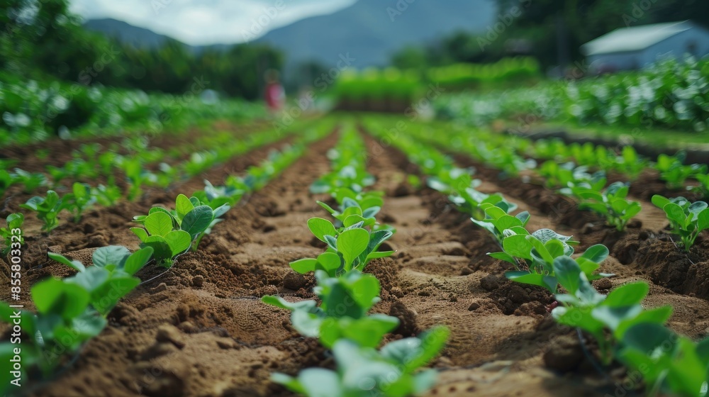 Vibrant vegetable garden with rows of young green plants growing in rich soil, set against a backdrop of distant mountains. Vibrant vegetable garden with rows of young green plants growing in rich soil, set against a backdrop of distant mountains.