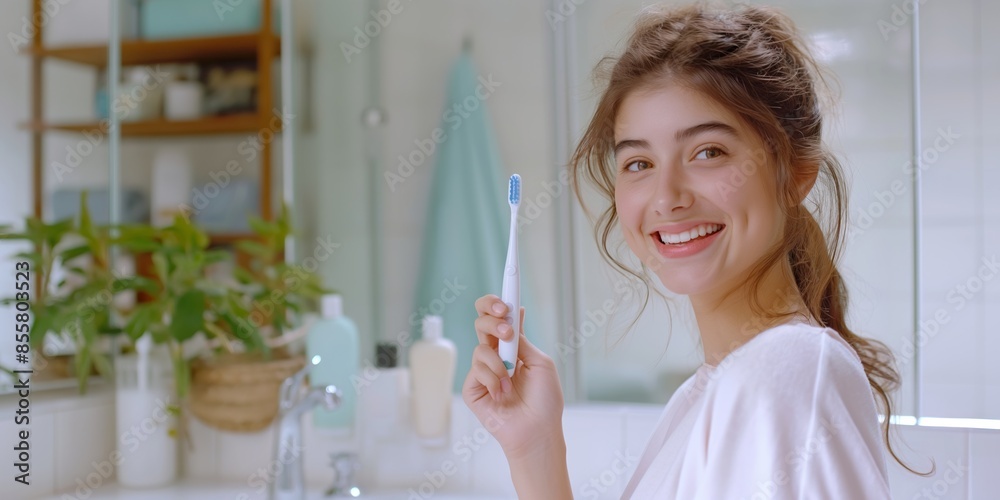 An charming woman smiles while holding a toothbrush, reflecting a positive morning dental care routine. An charming woman smiles while holding a toothbrush, reflecting a positive morning dental care routine.