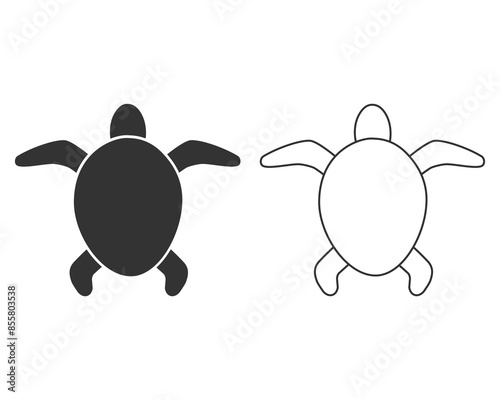 Black silhouette big sea turtle line icon cartoon cute animal design ocean tortoise swimming in water flat vector illustration isolated on white background