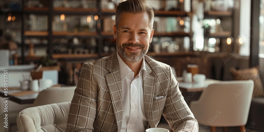 Fototapeta premium A professional businessman relaxing in a restaurant, showcasing modern elegance and stylish attire.