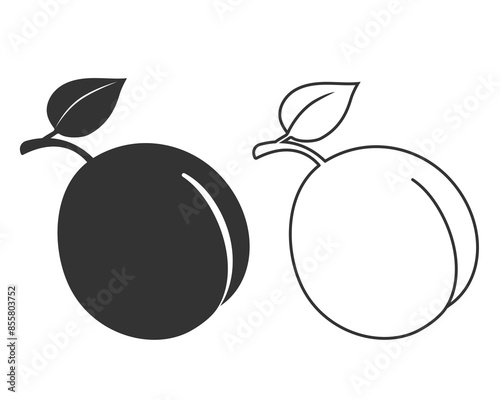One ripe fresh plum line icon with leaf vector flat sign