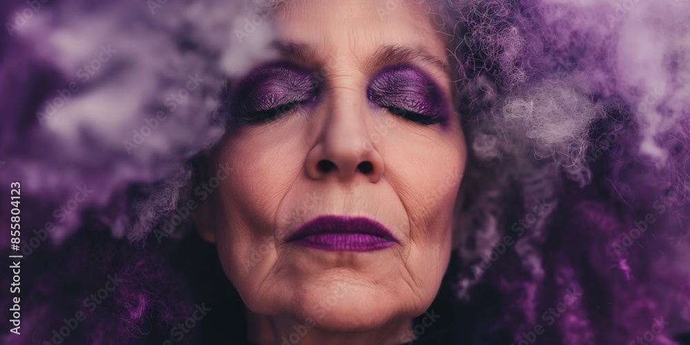 A glamorous grandmother with violet eyeshadow daydreams, showcasing her wisdom and elegant style. A glamorous grandmother with violet eyeshadow daydreams, showcasing her wisdom and elegant style.