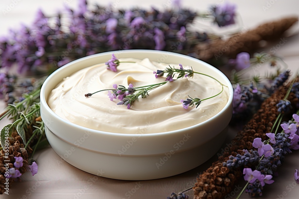 Organic cream and wild flowers on a white background. Soft focus style Organic cream and wild flowers on a white background. Soft focus style
