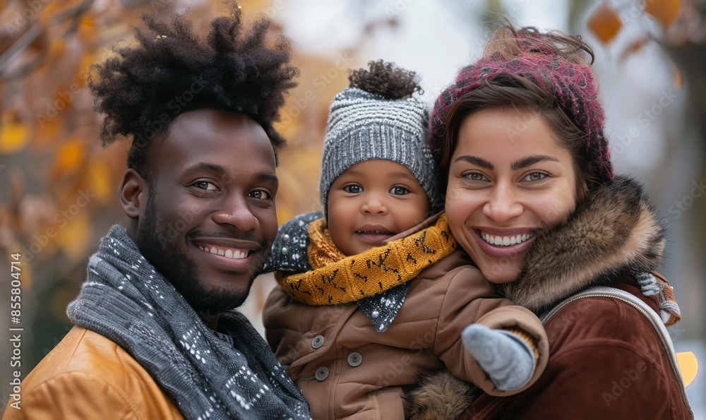 Obraz premium a happy multiracial family with a young child, all in autumn fashion