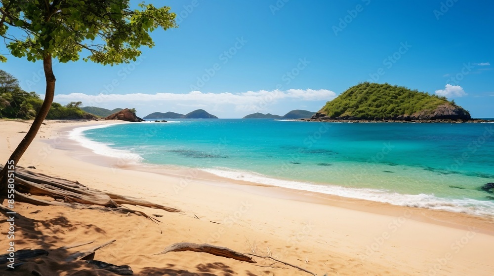 Tropical Beach With Clear Blue Water And Sandy Shoreline Surrounded By Lush Green Hills And Islands. Generative AI Tropical Beach With Clear Blue Water And Sandy Shoreline Surrounded By Lush Green Hills And Islands. Generative AI
