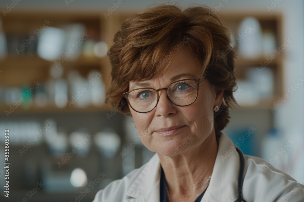 Confident mature female doctor with glasses in a clinic Confident mature female doctor with glasses in a clinic