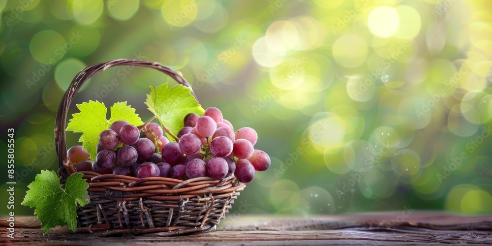Grape with leaf on wooden basket, set against green bokeh background Grape with leaf on wooden basket, set against green bokeh background