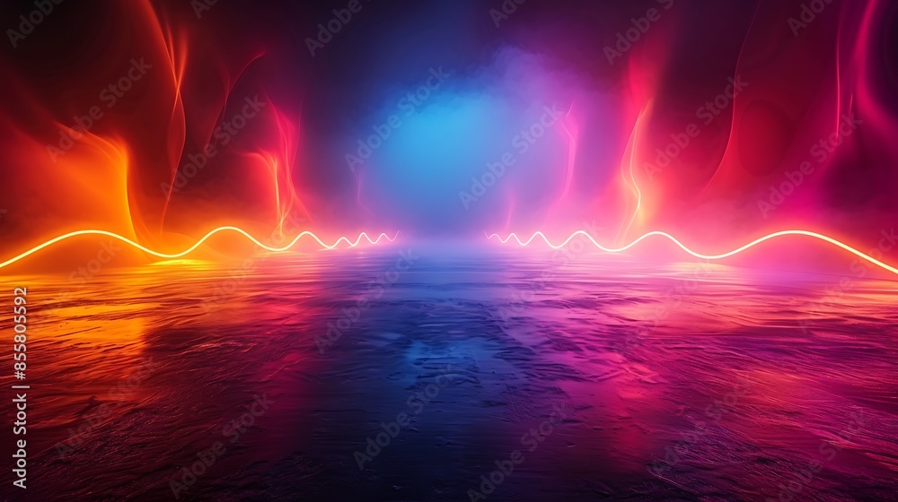 An artistic depiction of sinusoidal neon lights on a dark, empty stage, evoking a sense of drama. The neon lights form fluid wave patterns, casting colorful glows and creating a captivating An artistic depiction of sinusoidal neon lights on a dark, empty stage, evoking a sense of drama. The neon lights form fluid wave patterns, casting colorful glows and creating a captivating