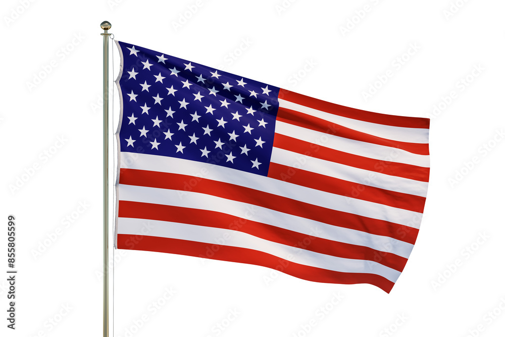 An American flag waving on a pole, isolated on a white background, depicting patriotism. 3D Rendering An American flag waving on a pole, isolated on a white background, depicting patriotism. 3D Rendering