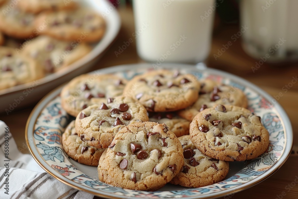 A plate of homemade cookies with gooey chocolate chips and a glass of milk beside it. A plate of homemade cookies with gooey chocolate chips and a glass of milk beside it.