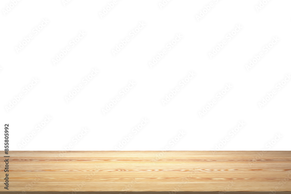 Wooden surface at the bottom with a white, clean background above, depicting a blank space concept. 3D Rendering Wooden surface at the bottom with a white, clean background above, depicting a blank space concept. 3D Rendering