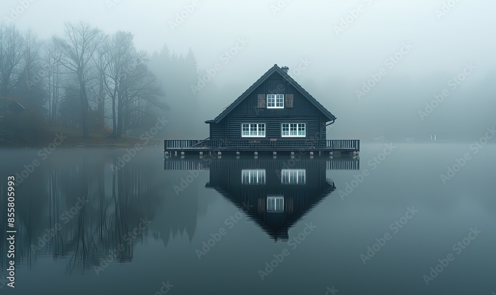 House reflecting on the still lake during a foggy day House reflecting on the still lake during a foggy day