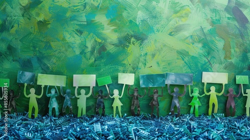 Paper cutout of people holding signs advocating for avoiding single-use plastics amidst recycling plant chaos. Green and blue tones. photo