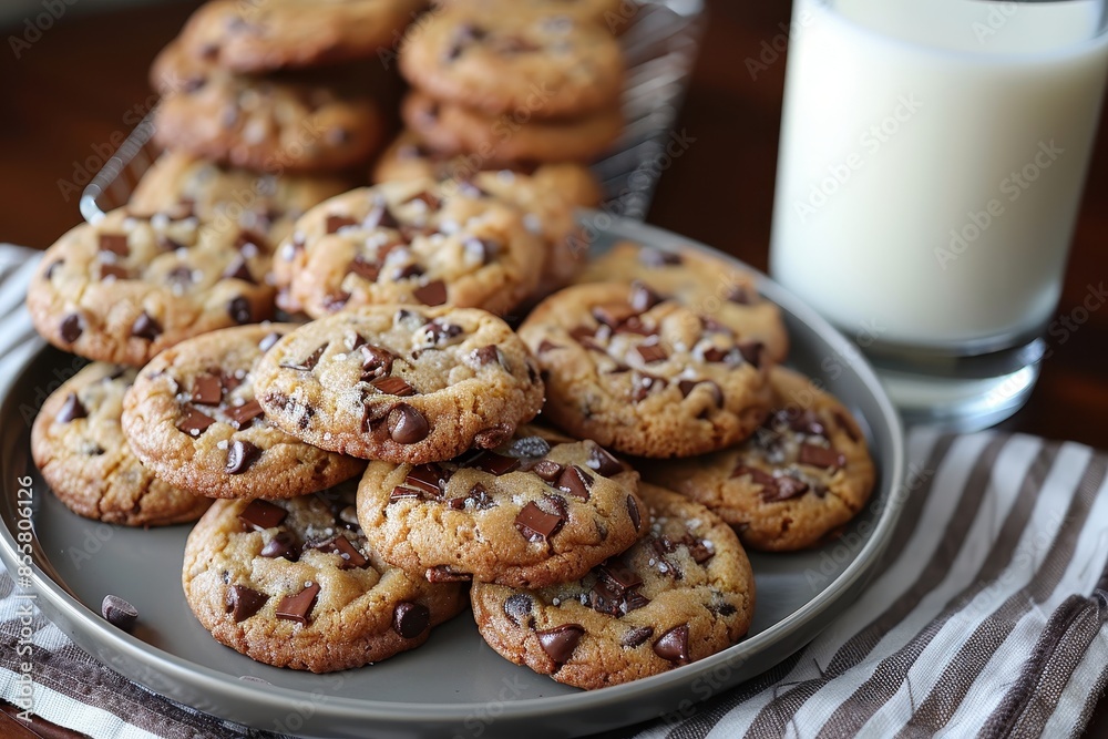 A plate of homemade cookies with gooey chocolate chips and a glass of milk beside it. A plate of homemade cookies with gooey chocolate chips and a glass of milk beside it.