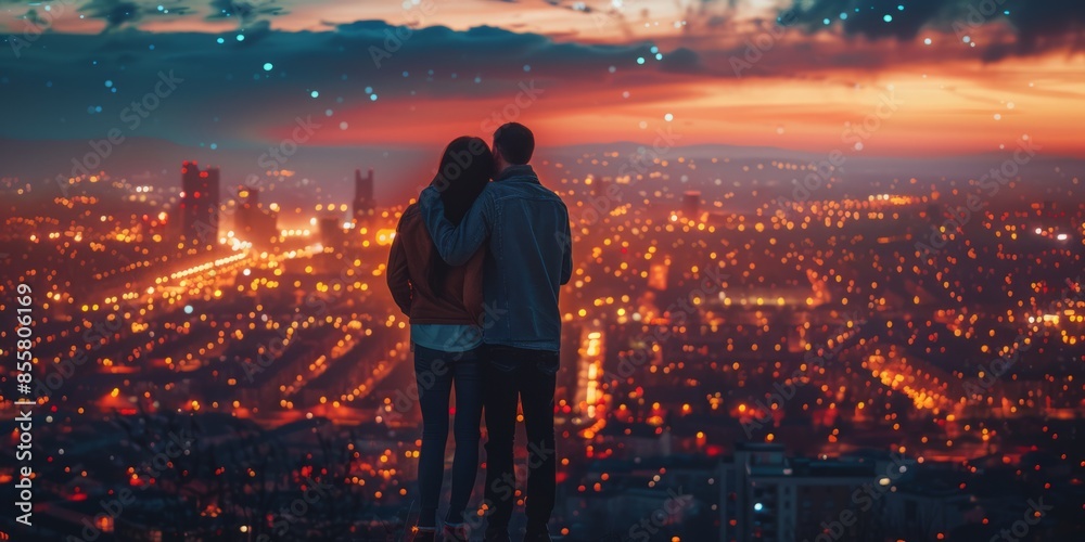 of back view couple stands close together overlooking a cityscape illuminated by countless lights under the evening sky of back view couple stands close together overlooking a cityscape illuminated by countless lights under the evening sky