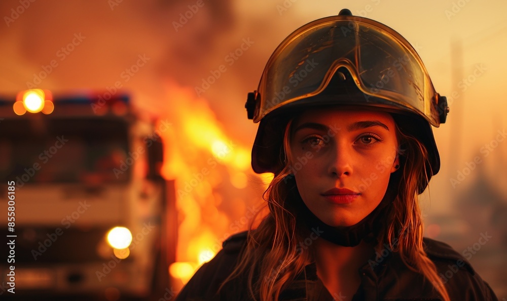 young female firefighter in uniform with protective helmet standing near truck and looking at camera against blurred orange fire and smoky background young female firefighter in uniform with protective helmet standing near truck and looking at camera against blurred orange fire and smoky background