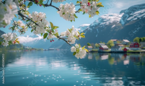 Wallpaper Mural View of snow-capped mountains and crystal clear water. Close-up of an apple tree branch with blossoming flowers hanging over the water Torontodigital.ca