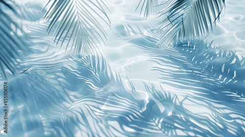 Abstract background with palm leaves shadows on water, showcasing a summer concept banner in minimalist design. Featuring light blue and white colors, this high-resolution image boasts high quality