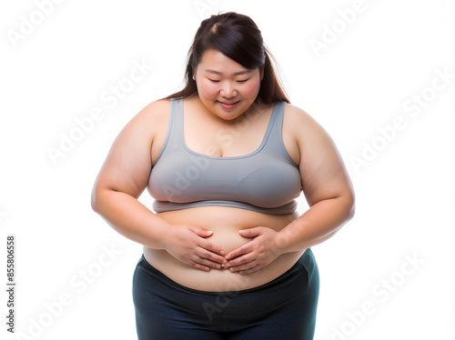 Chubby asian woman hand holding belly fat, Woman diet lifestyle concept, Isolate on white background.