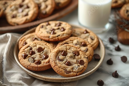 A plate of homemade cookies with gooey chocolate chips and a glass of milk beside it. 