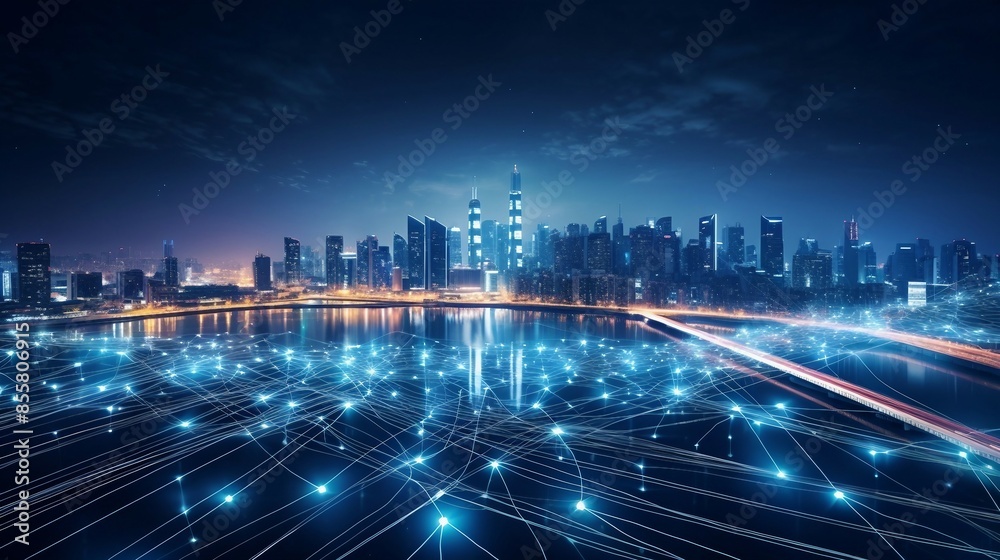 Modern Urban Skyline Enhanced By Bright Blue Digital Waves And Data Points Creating A Tech-Inspired View. Generative AI