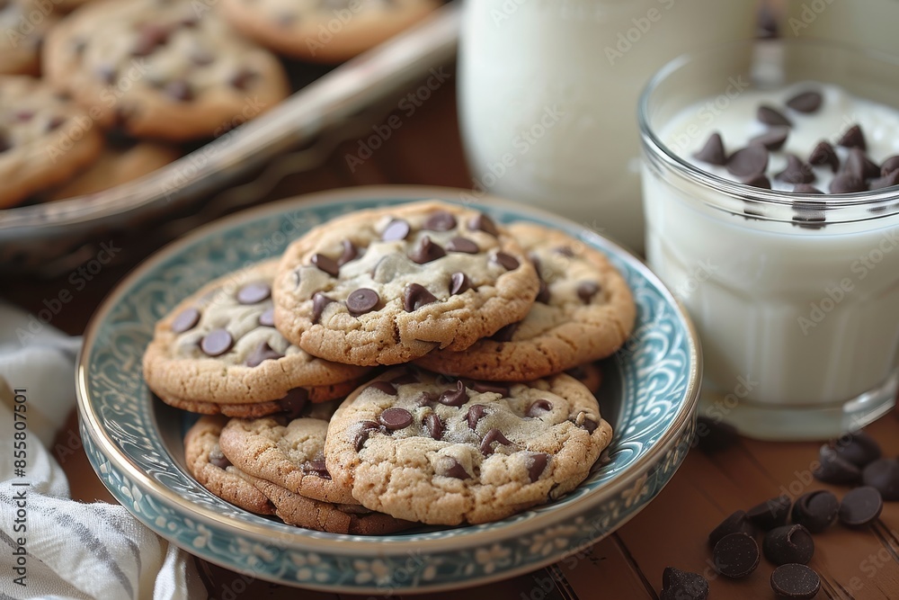 A plate of homemade cookies with gooey chocolate chips and a glass of milk beside it. A plate of homemade cookies with gooey chocolate chips and a glass of milk beside it.