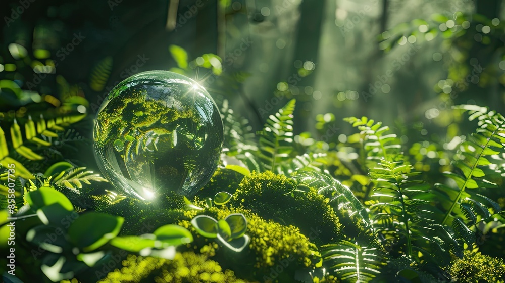 Planet Earth sculpted from glass nestled in a lush forest of moss and ferns, emphasizing ecology and environmental protection. Planet Earth sculpted from glass nestled in a lush forest of moss and ferns, emphasizing ecology and environmental protection.
